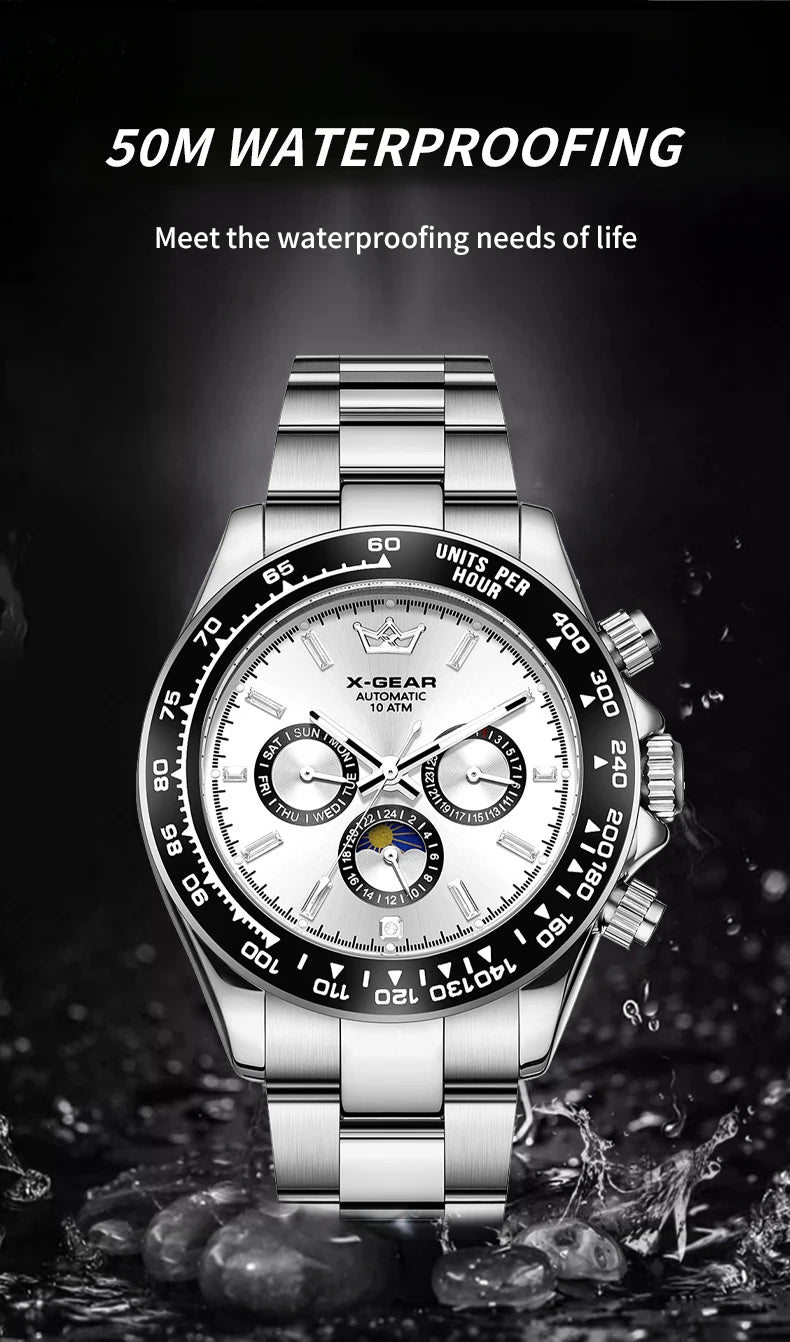 Montre mécanique automatique Panda Eye pour homme, lunette en céramique, trois cadrans, six aiguilles, étanche et lumineuse.