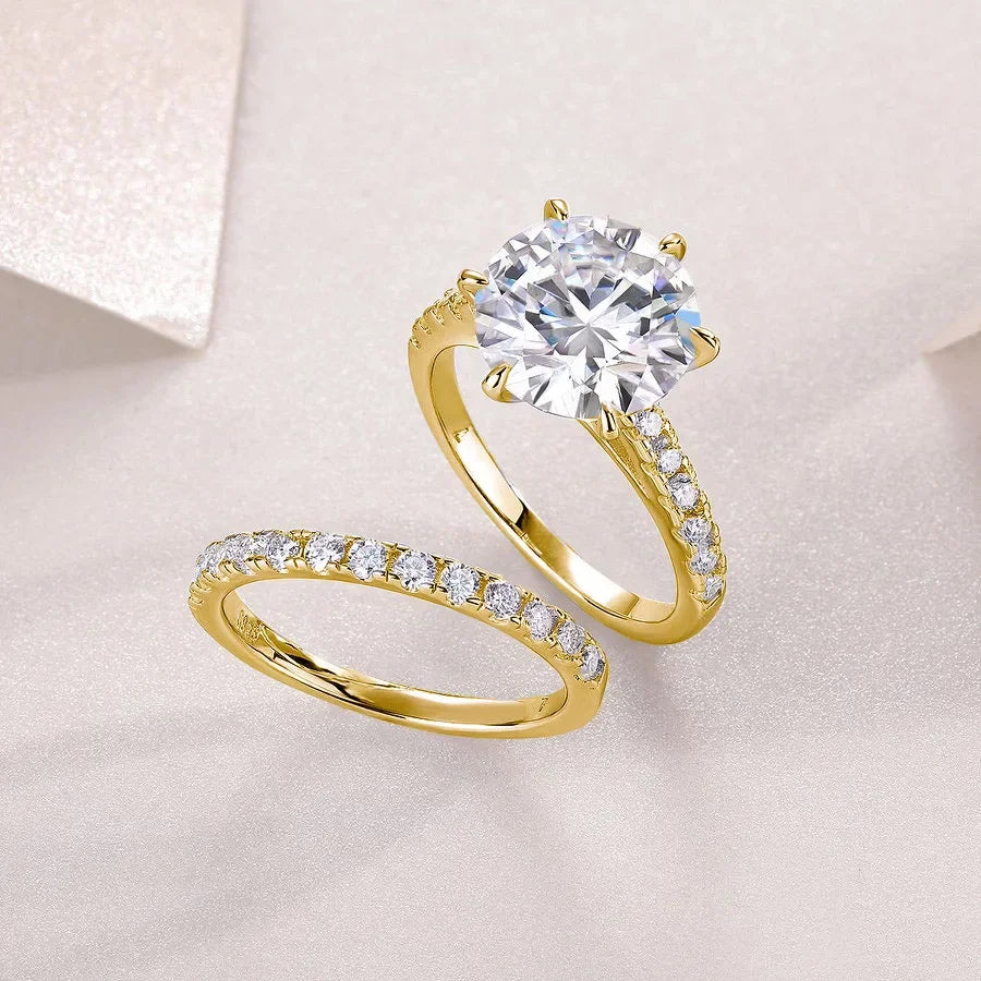 5.75CTW Moissanite Engagement Ring Set 2pcs, Round Cut, 925 Sterling Silver 18K Gold Plated, Classic Wedding Bridal Jewelry Gift