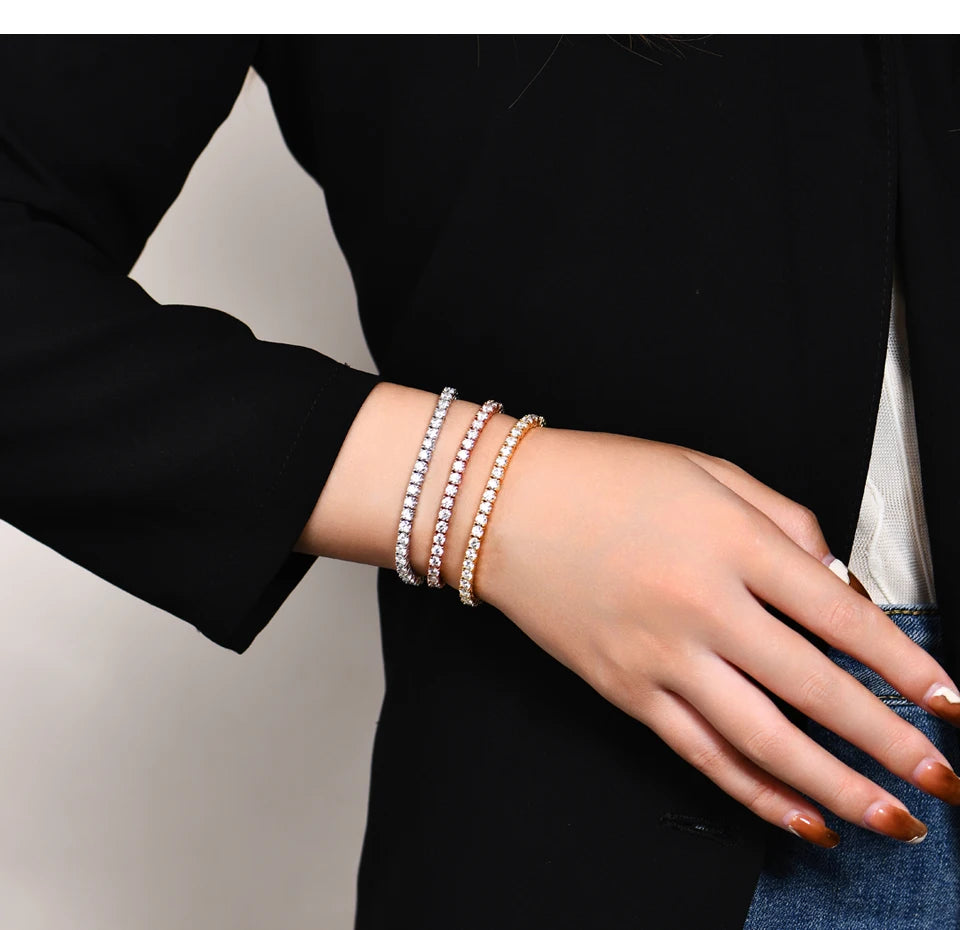 ATTAGEMS 4.0mm 5.0mm DVVS1 Pass Diamond Test Round Cut Moissanite Tennis Bracelet White Gold Plated 925 Silver Jewelry for Women