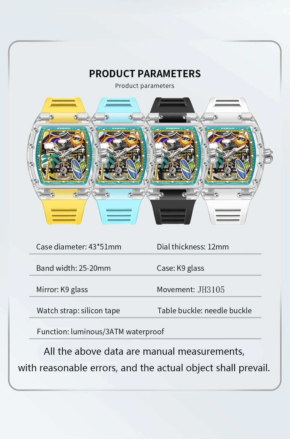 New PINDU Watch Unique Dial Design Style Men Mechanical Watch Summer Beach Fashion Watch Glowing Waterproof Resin silicone strap