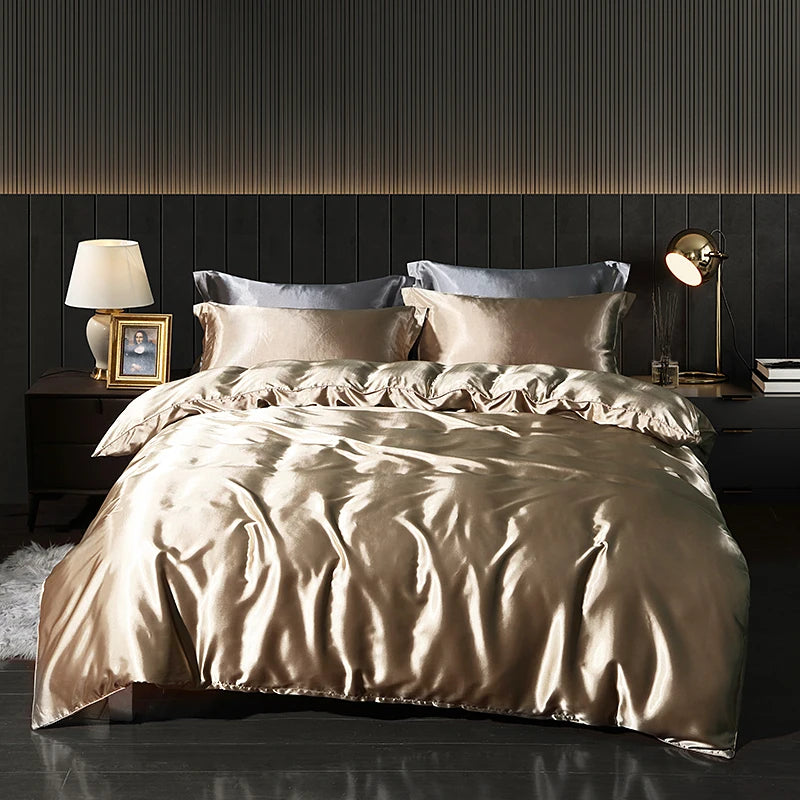 Luxury Satin  Bedding Set With Flat Sheet Duvet Cover High End Bedding Set  High Density Satin  Solid Color Bedding
