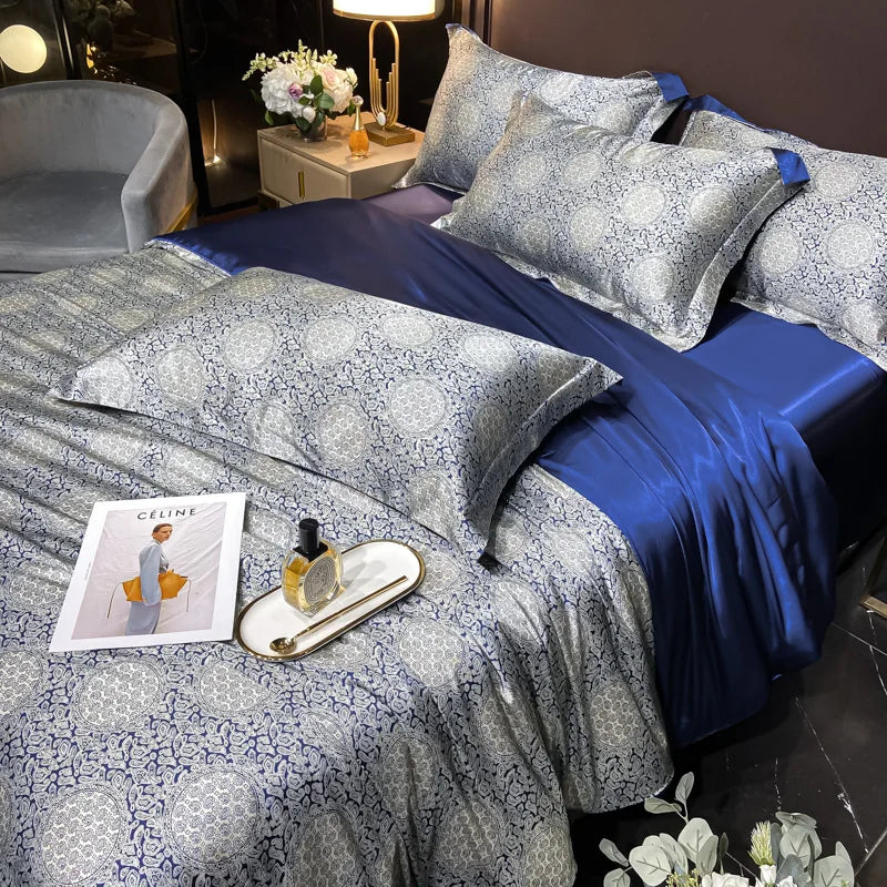Floral Silk Bedding Set with Duvet Cover Bed Sheet Pillowcase Luxury Couple Single Double King Queen Soft Bedsheet Nordic Smooth