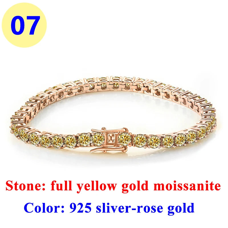 3MM Pink Full Moissanite Tennis HipHop Blue Green Yellow Purple Bracelet S925 Sliver Plated White Gold Bracelet for Women Men