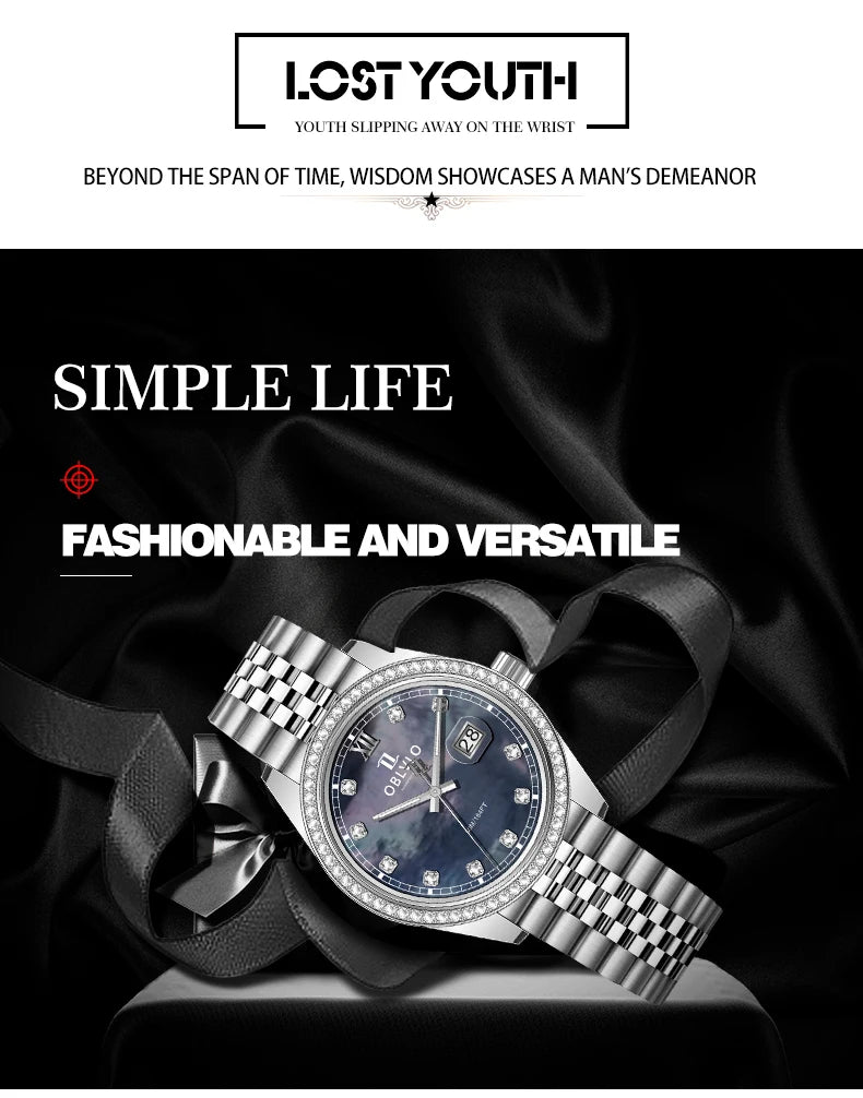 OBLVLO Men's Elegant Diamonds Bezel Two Tone Bracelet Quartz Watch with Date Fashion MOP Dial Business Watches for Men RX-PE-D