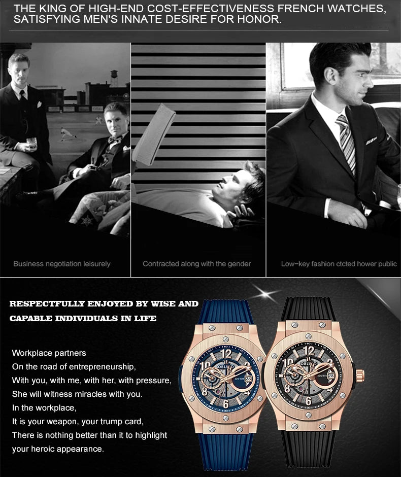 OBLVLO Men's Fashion Rose Gold 44mm Hollow-out Automatic Watch Waterproof Brown Leather Strap Mechanical Clock with Date HM-GT