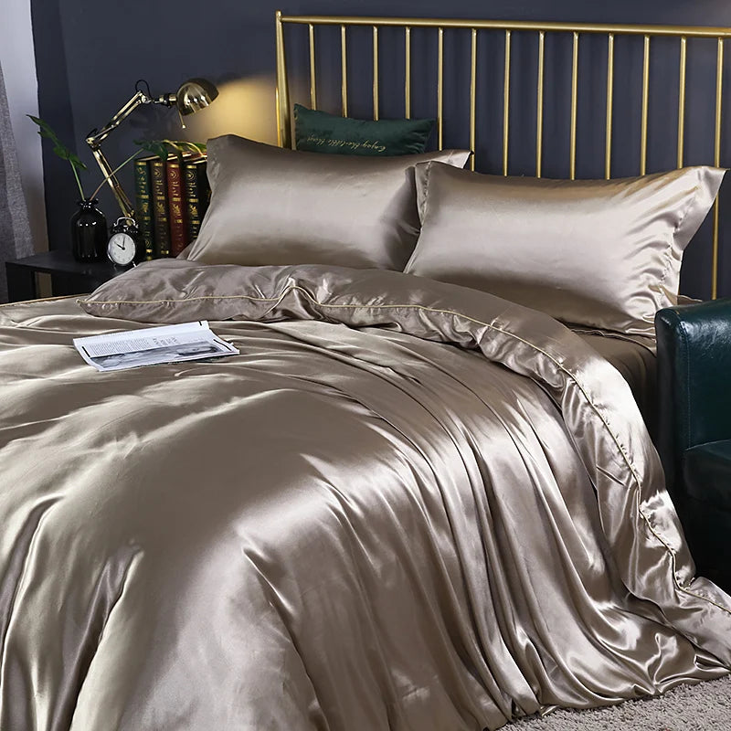 Silk Bedding Set with Duvet Cover Fitted/Flat Bed Sheet Pillowcase Luxury Satin Bedsheet Solid Color King Queen Twin Size