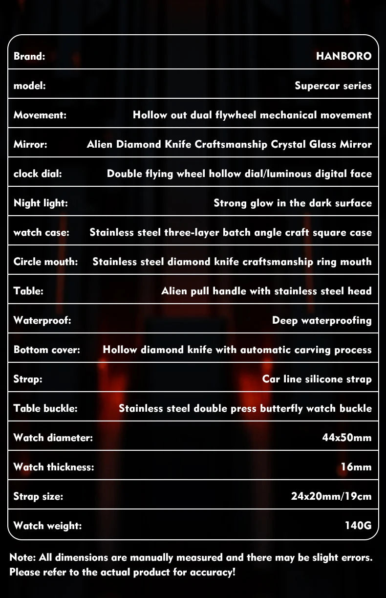 HANBORO fully automatic mechanical men's watch hollowed out wristwatch trend waterproof luminous watch