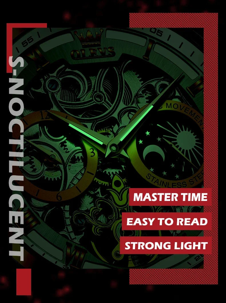 OLEVS 6670 Mechanical Fashion Watch Genuine Leather Watchband Round-dial Moon Phase Month Display