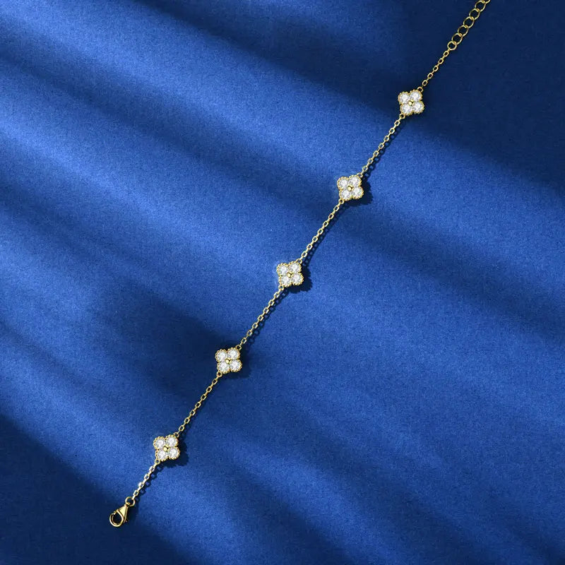 18k Gold Plated 925 Silver 3mm Moissanite Necklace Earrings Bracelet Sets 3 In 1 Clover Flower Charm Jewelry Set for Women Gift