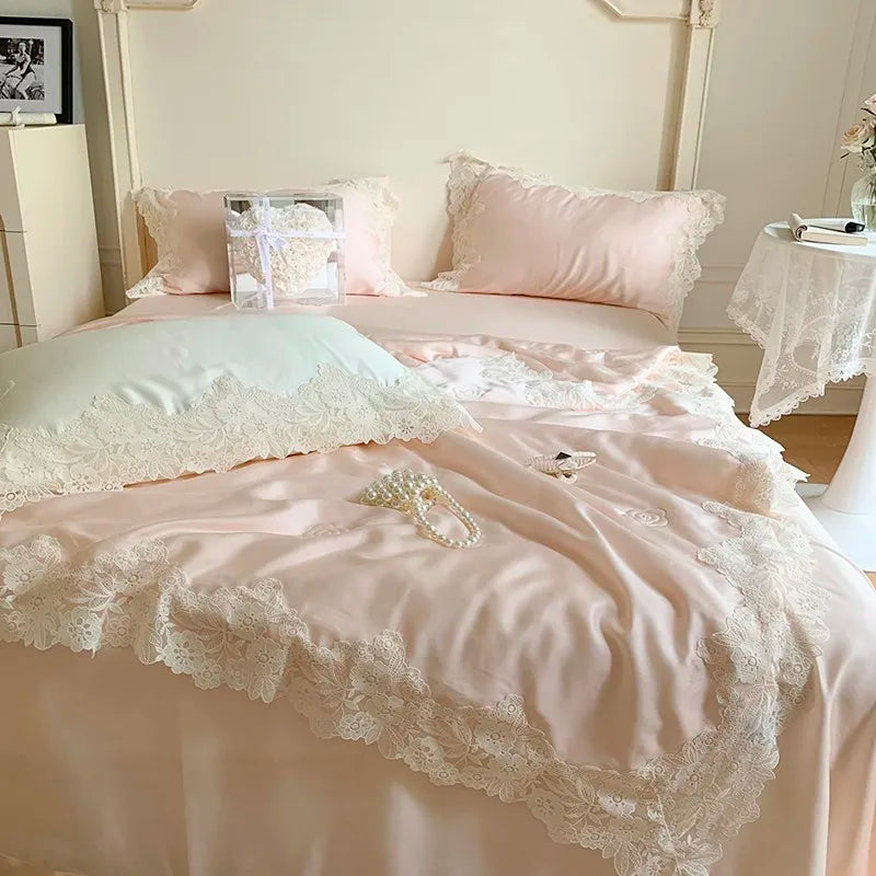 100%Eucalyptus Lyocell Cream White Lace Soft Silky Textured Wrinkle-Free Summer comforter Blanket 1Pc Flat sheet 2Pillow shams