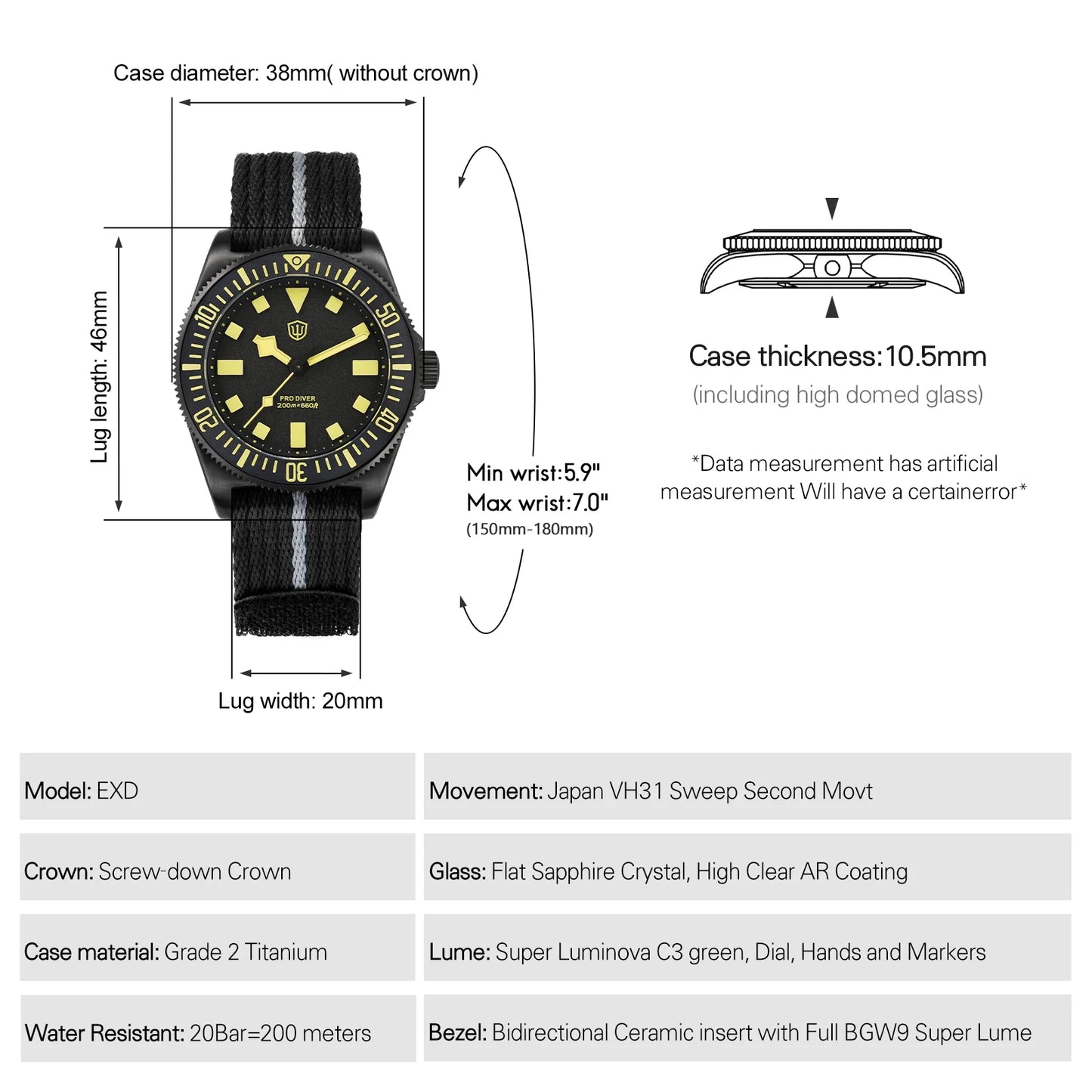 Watchdives EXD 38mm Titanium Watch Exchangeable X Design  VH31 Sweep Second Movement Quartz Watches Luminous  Waterproof  200M