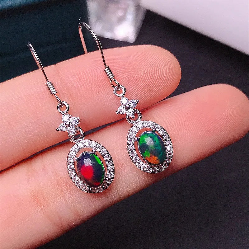 MeiBaPJ 5*7 Natural Black Opal Gemstone England Ear Drop Earrings for Women Real 925 Sterling Silver Charm Fine Wedding Jewelry