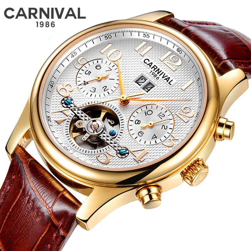 Carnival Brand Luxury Tourbillon Watches Leather Calendar Week Month High-End Mechanical Watch Business Men Automatic Clock
