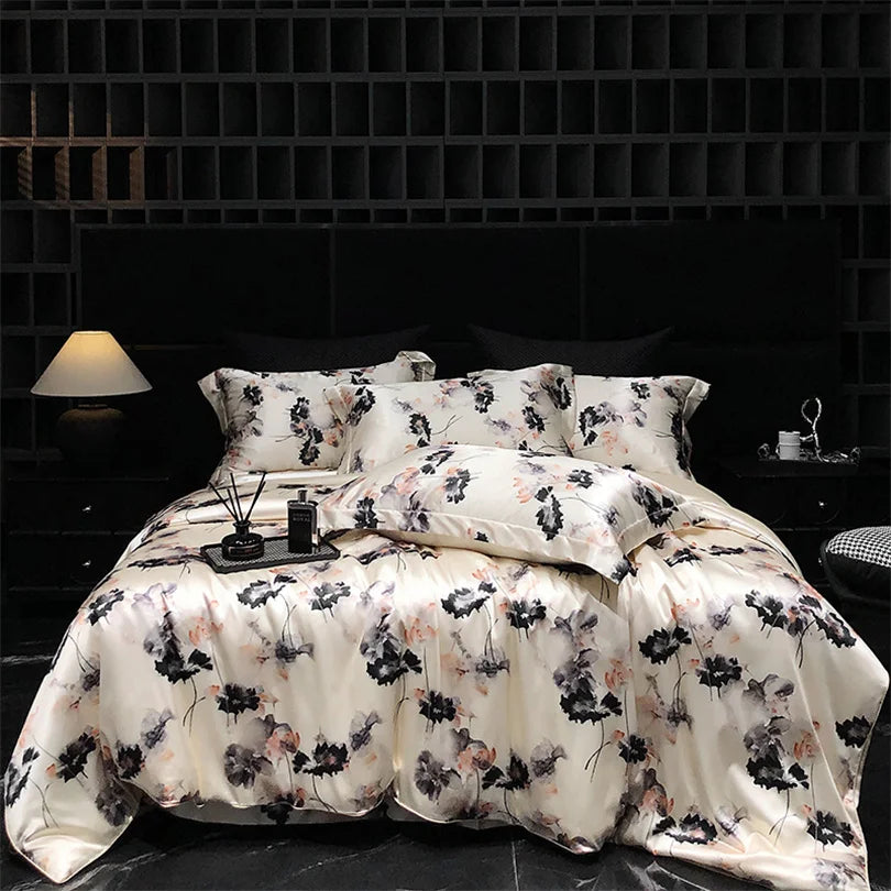 Floral Silk Bedding Set with Duvet Cover Bed Sheet Pillowcase Luxury Couple Single Double King Queen Soft Bedsheet Nordic Smooth