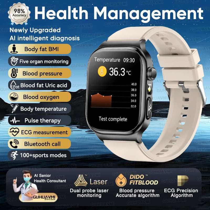 2025 New AI Human Health diagnosis ECG+HRV Smart Watch Blood Pressure Uric acid Blood lipid Bluetooth Call Smartwatch Men Women