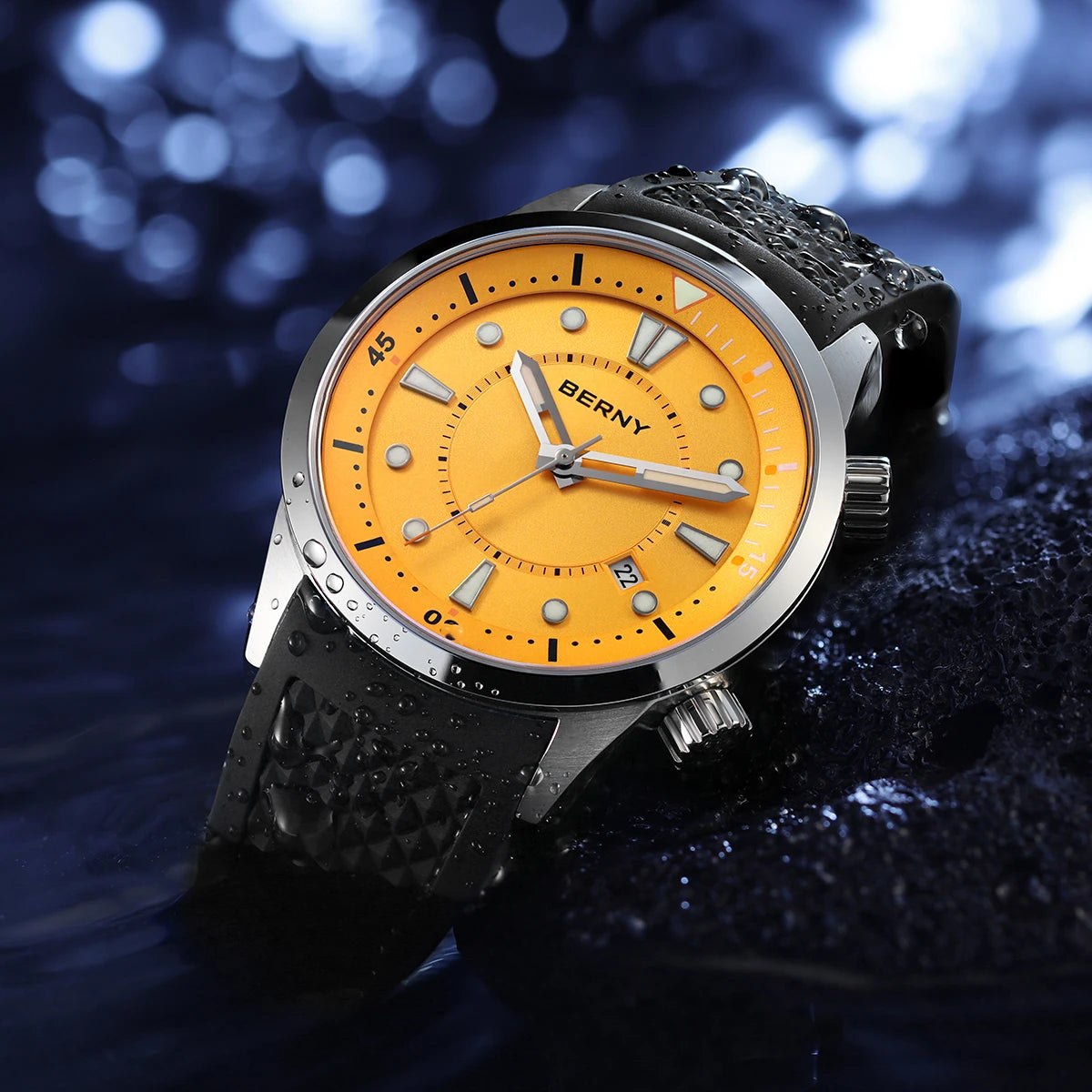 BERNY Automatic Diver Men Watch 200M Waterproof Miyota 8215 Sappire AR Coated Silicone Sports Swim Wristwatch Men's Diver Watch