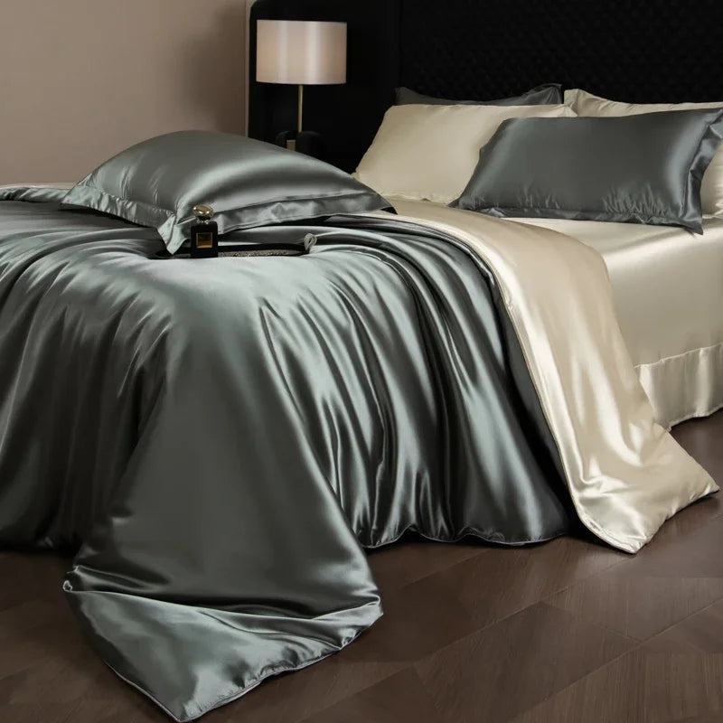 Silk Bed Sheets Set Luxury Bedding Set with Duvet Cover Fitted/Flat Bedheet Pillowcases Mixed with Rayon King Queen Full Twin