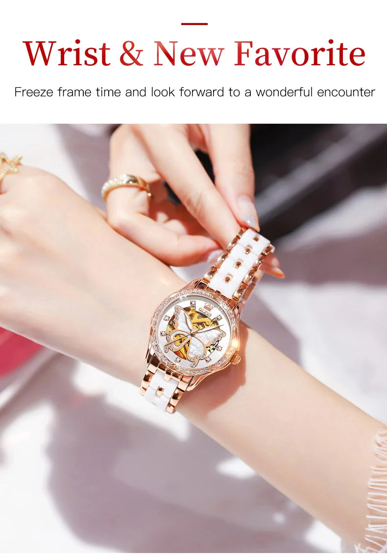 OLEVS 6622 Luxury Women All Automatic Mechanical Watch HD Waterproof Elegant Butterfly Diamond Women Fashion Bracelet Set Watch