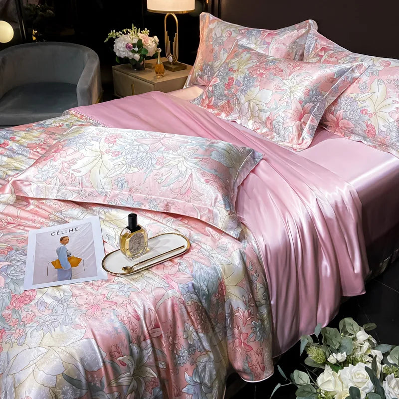 Floral Silk Bedding Set with Duvet Cover Bed Sheet Pillowcase Luxury Couple Single Double King Queen Soft Bedsheet Nordic Smooth