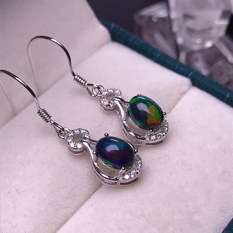 MeiBaPJ 5*7 Natural Black Opal Gemstone England Ear Drop Earrings for Women Real 925 Sterling Silver Charm Fine Wedding Jewelry