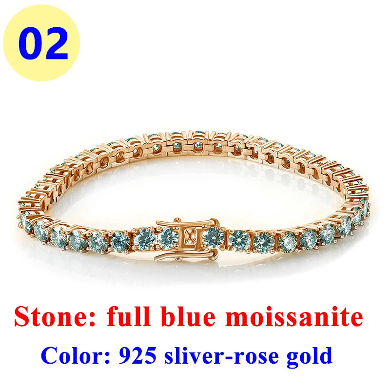 3MM Pink Full Moissanite Tennis HipHop Blue Green Yellow Purple Bracelet S925 Sliver Plated White Gold Bracelet for Women Men