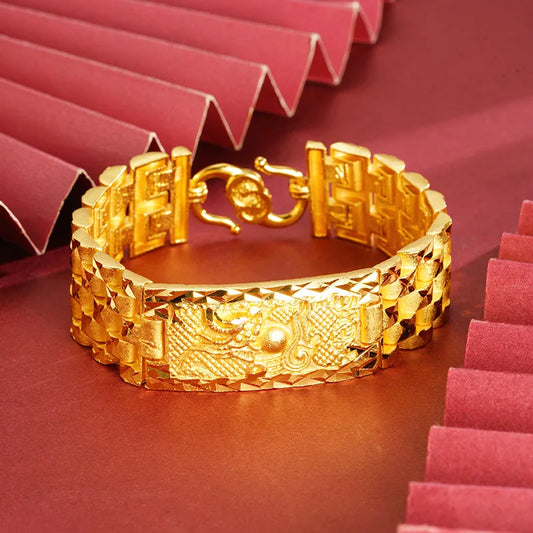 Luxury 24K 9999 Pure Gold real gold Men's Double Dragon Play Ball Flying Dragon in the Sky Bracelet