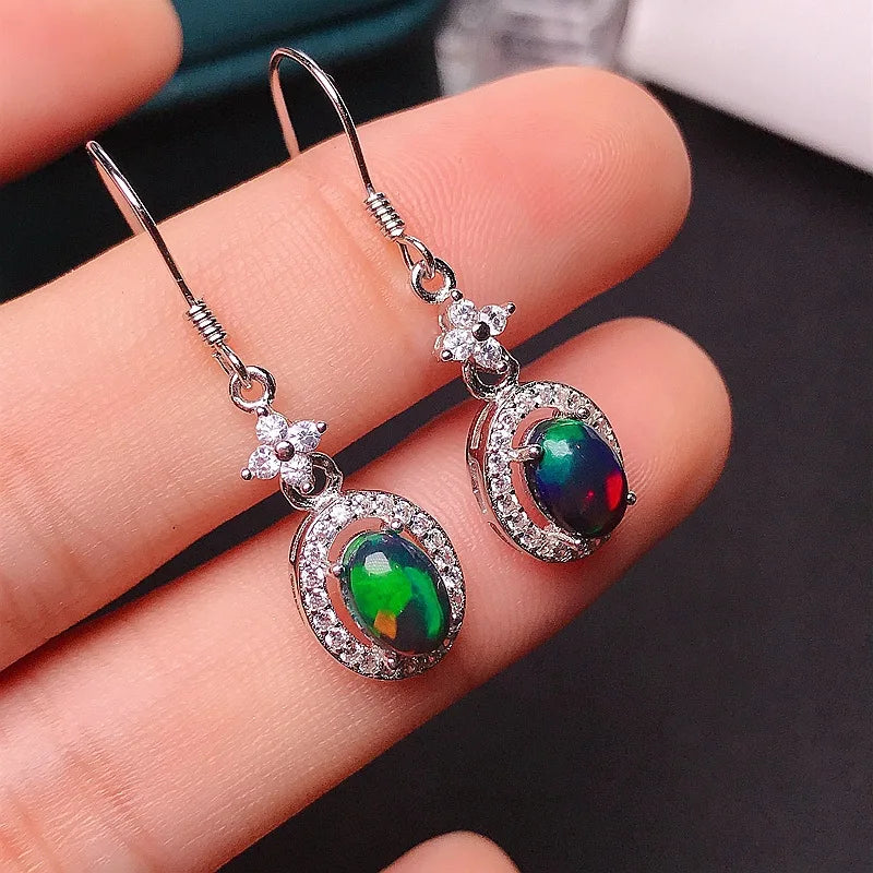 MeiBaPJ 5*7 Natural Black Opal Gemstone England Ear Drop Earrings for Women Real 925 Sterling Silver Charm Fine Wedding Jewelry
