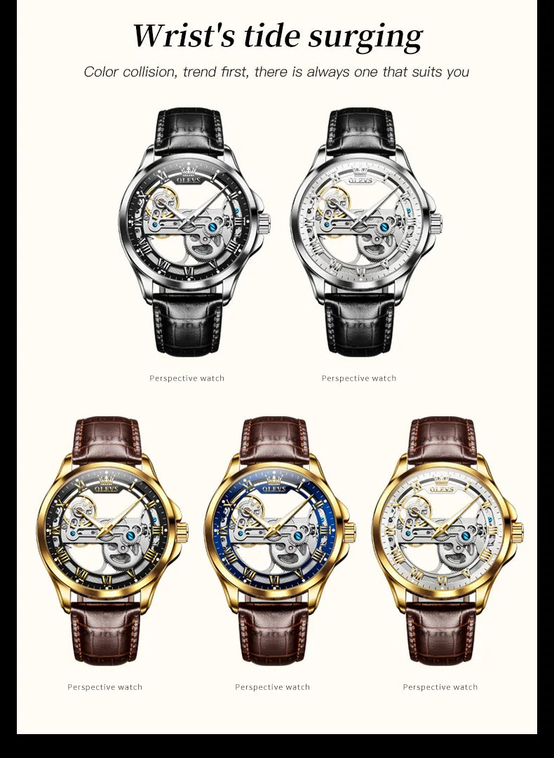 OLEVS Trend Fashion Men's Watches Casual Leather Strap Hollow Out Self-winding Movement Original Automatic Mechanical Wristwatch