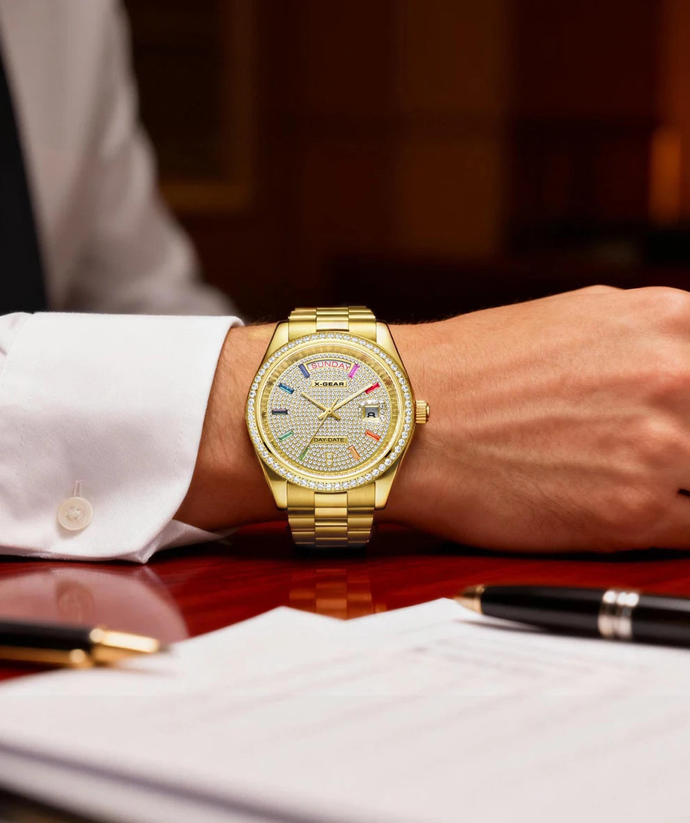X-GEAR Men Luxury Watches Full diamond dial Diamond bezel Mechanical Watch Luminous Date Week Display Stainless Steel Case Strap