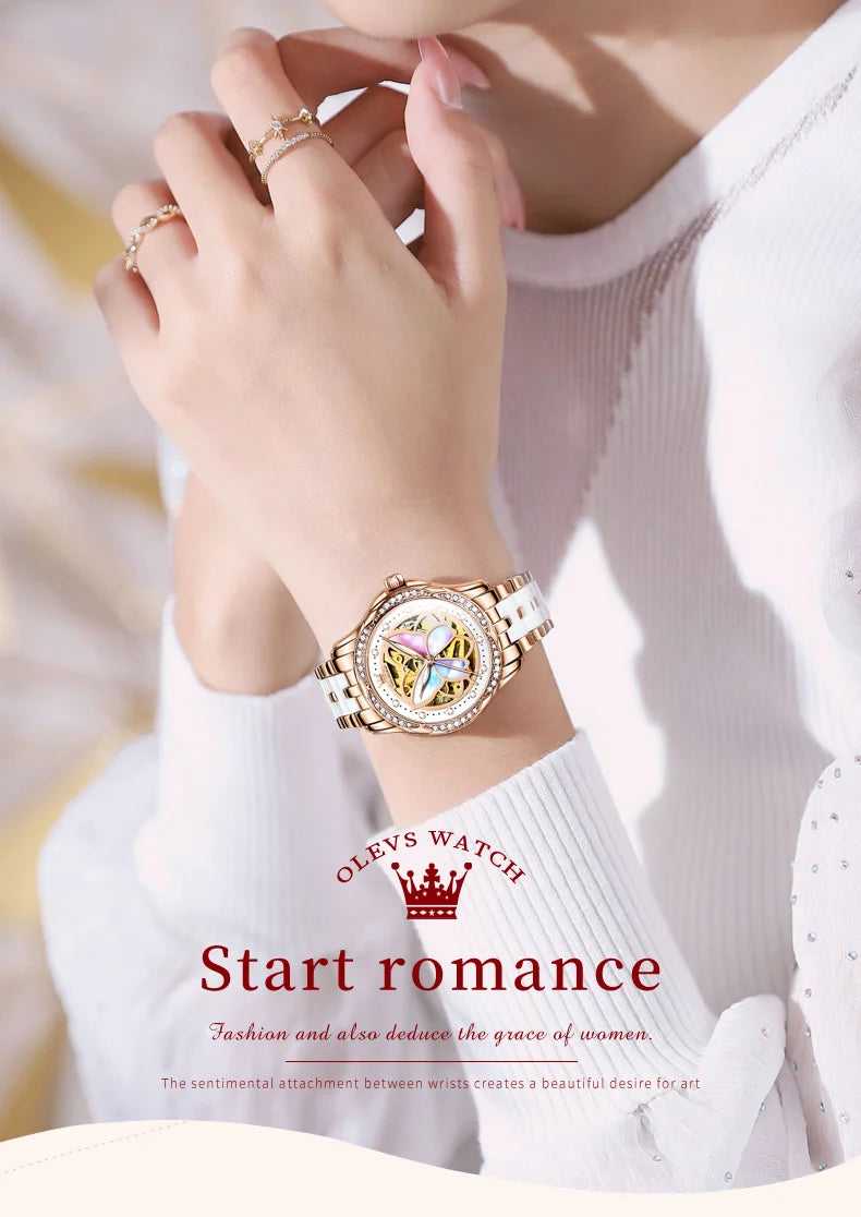 OLEVS 6615 Womens Watch Original Bezel Ceramic Mechanical Automatic Wristwatch Waterproof Luminous Ladies Watch Butterfly Dial