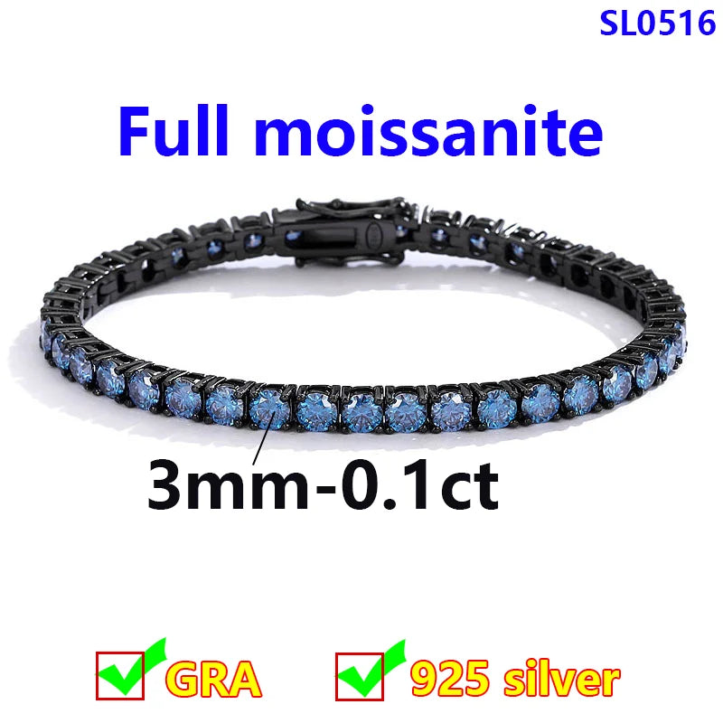 Royal blue Moissanite Bracelets for Women Hip hop Original 925 Sterling Silver Jewelry Women's man's Moissanite Tennis Chain
