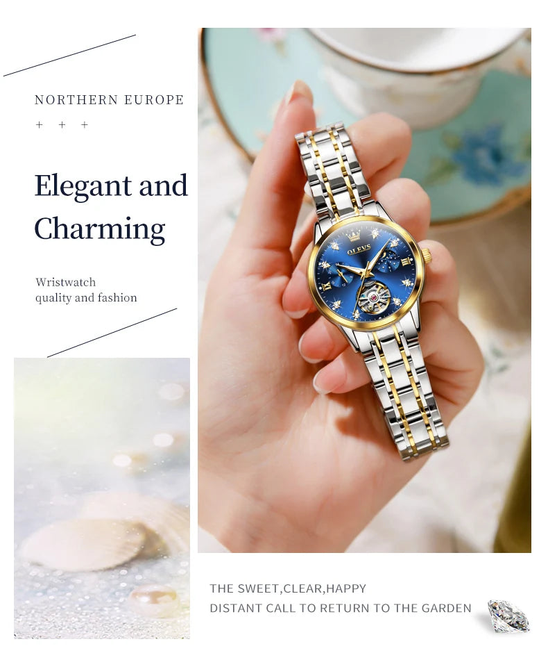 Montre femme OLEVS 6608, automatique, mécanique, étanche, en acier inoxydable, avec calendrier squelette.