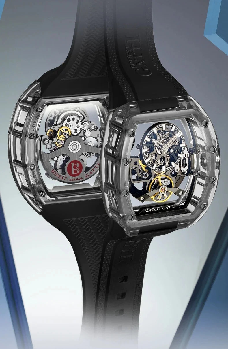 BONEST GATTI 2025 New Men Automatic Watch Tonneau Mechanical Wristwatch Acylic Case Sapphire Lume Hollow Out Dial Fluororubber
