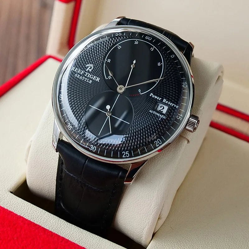 Reef-Tiger /RT Men Luxury Watch Rose Gold Mechanical Watch Brown Leather Strap Analog Watches Relogio Masculino RGA82B0