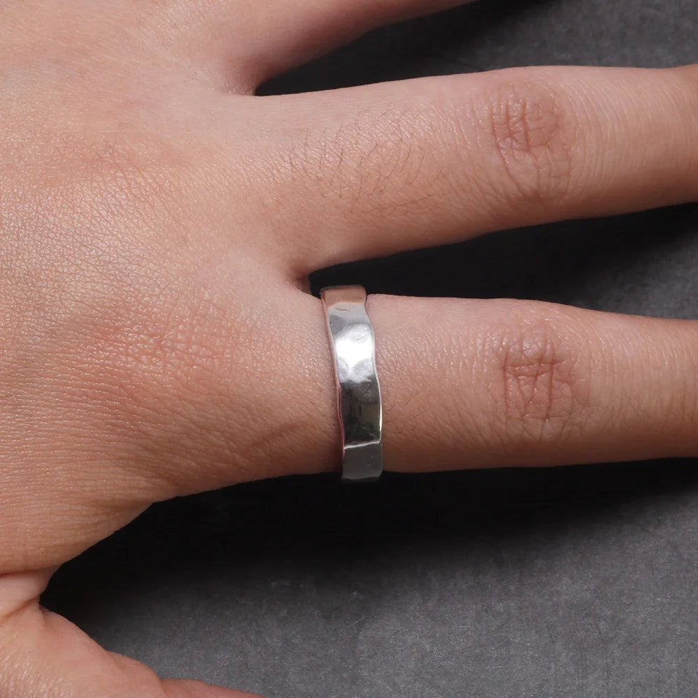 Sterling Silver S925 Bright Hand Hammer Pattern Men's and Women's Rings Minimalist Adjustable Jewelry