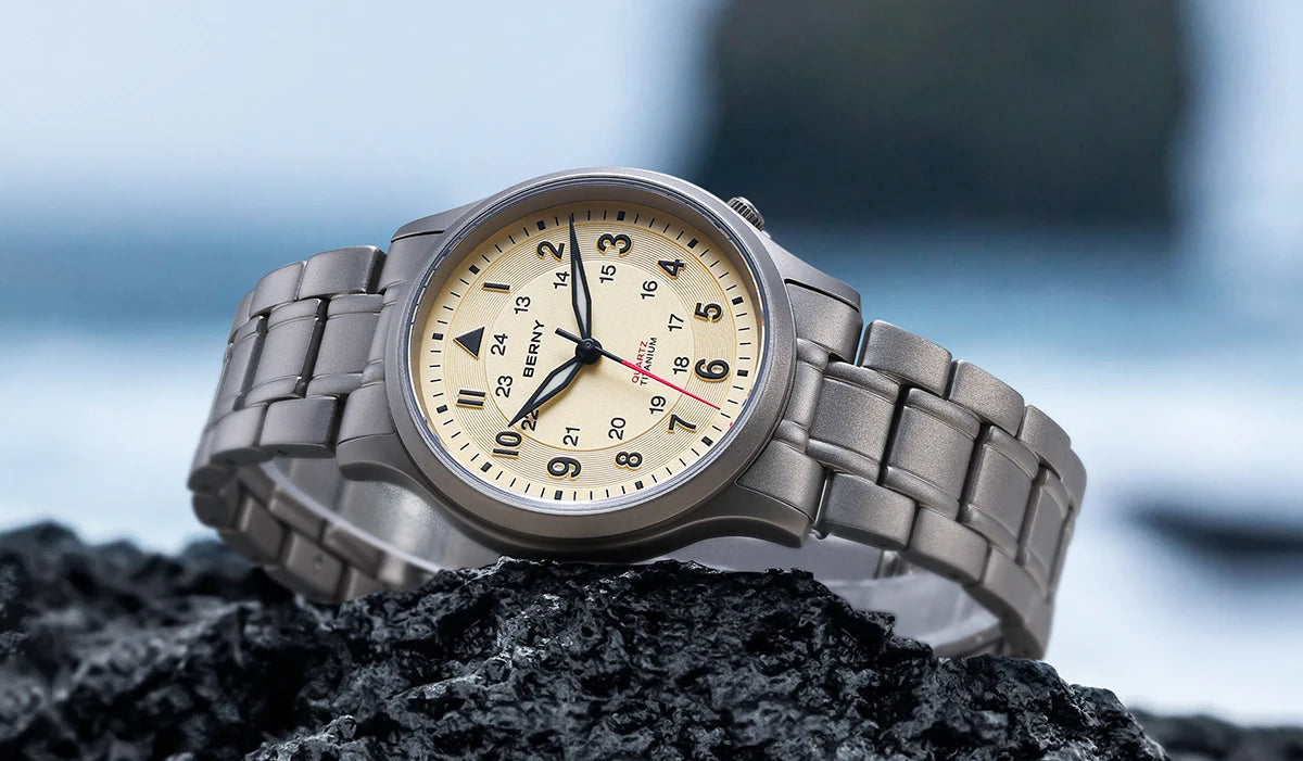 BERNY Full Titanium Watches for Men Outdoor Quartz Men's Field Pilot Wristwatch VH31 Super Luminous Sapphire Easy Read Watch