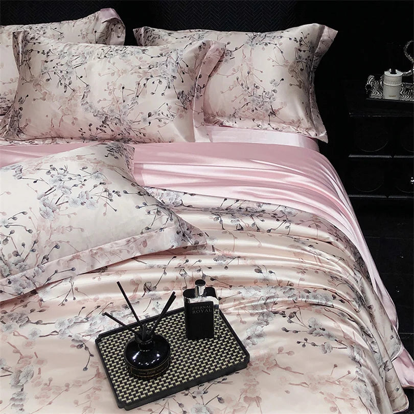 Floral Silk Bedding Set with Duvet Cover Bed Sheet Pillowcase Luxury Couple Single Double King Queen Soft Bedsheet Nordic Smooth