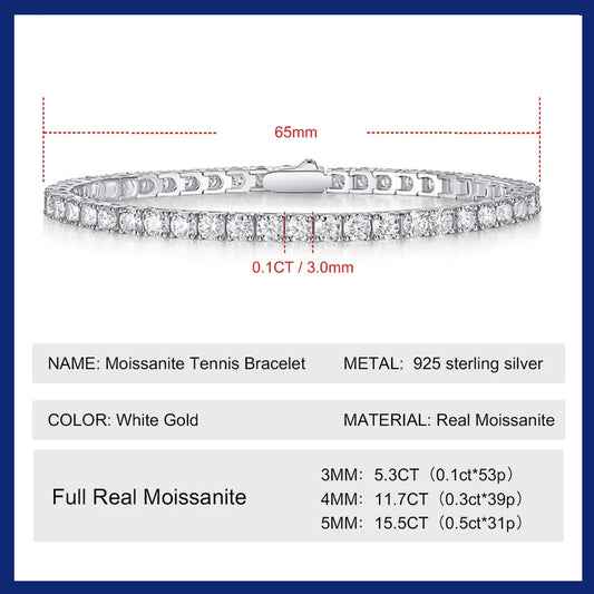 3/4/5mm Real Moissanite Tennis Bracelet for Women Man Original 925 Sterling Silver Plated 18k Gold Diamond Bracelets with GRA