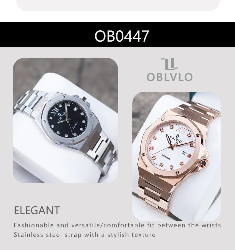 OBLVLO Herren-Armbanduhr mit achteckiger Lünette, blauem Zifferblatt, Datumsanzeige, Quarzwerk, wasserdicht, ideal für Paare (AWM)