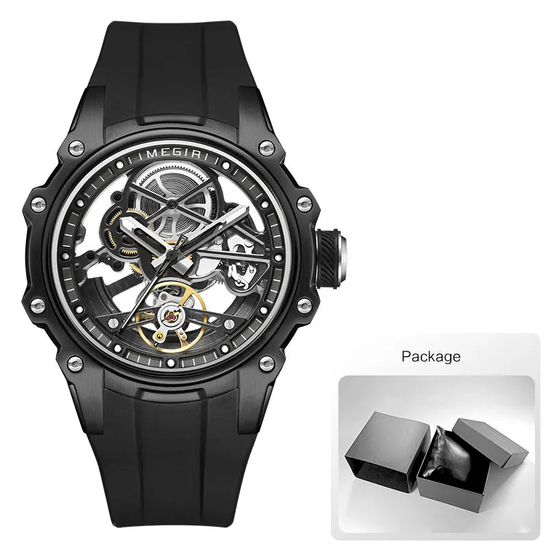 MEGIR Skeleton Dial Automatic Mechanical Watch Men Stainless Steel Case Waterproof Luminous Sport Wristwatch with Silicone Strap