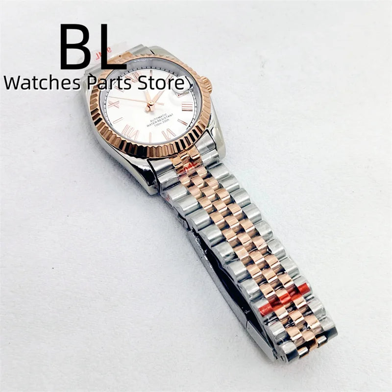 BLIGER 36mm39mm Two-tone Rose Gold Black Dial Watch For Men Date Fluted Bezel Sapphire Glass Rose Roman Index Jubille Bracelet