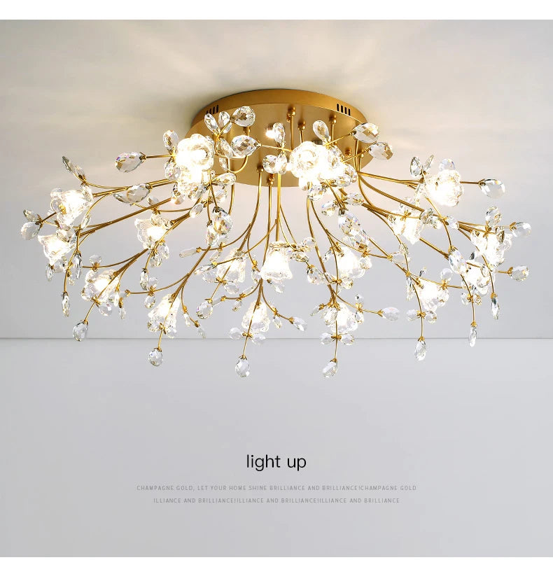 Luxury Crystal Flower Ceiling Light Gold LED Branch Tree Chandelier For Living Room Bedroom Villa Hotel Decor Bedside Wall Lamp