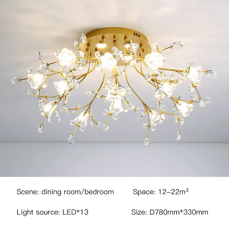 Luxury Crystal Flower Ceiling Light Gold LED Branch Tree Chandelier For Living Room Bedroom Villa Hotel Decor Bedside Wall Lamp