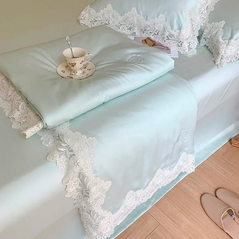 100%Eucalyptus Lyocell Cream White Lace Soft Silky Textured Wrinkle-Free Summer comforter Blanket 1Pc Flat sheet 2Pillow shams