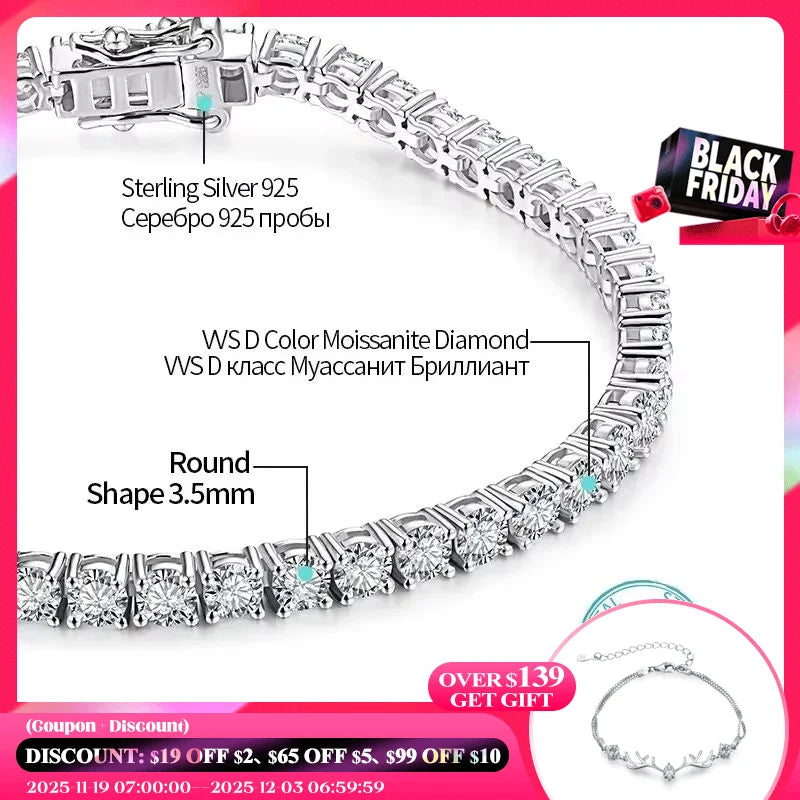 ATTAGEMS 4.0mm 5.0mm DVVS1 Pass Diamond Test Round Cut Moissanite Tennis Bracelet White Gold Plated 925 Silver Jewelry for Women
