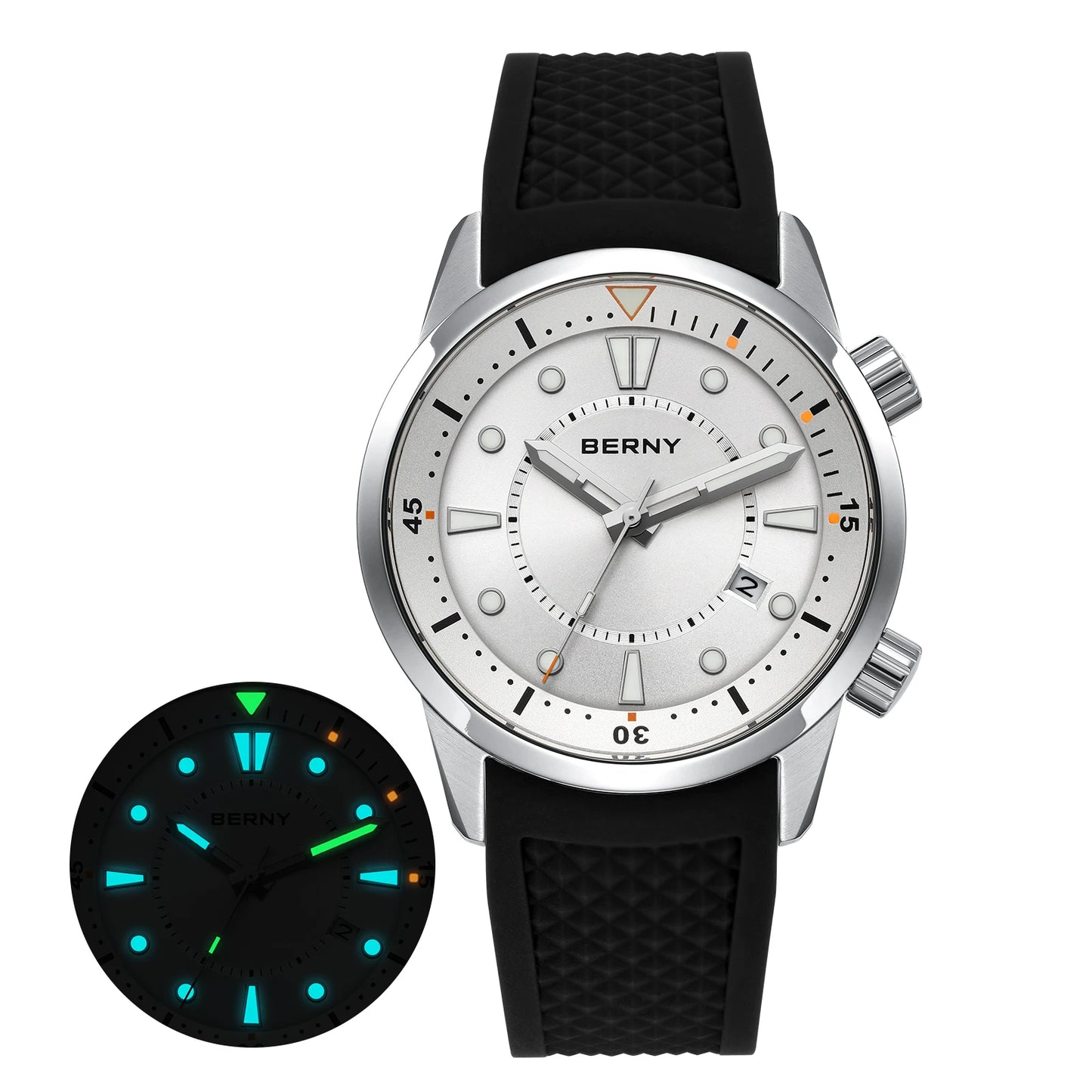 BERNY Automatic Diver Men Watch 200M Waterproof Miyota 8215 Sappire AR Coated Silicone Sports Swim Wristwatch Men's Diver Watch