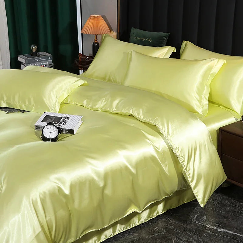 Silk Bedding Set with Duvet Cover Fitted/Flat Bed Sheet Pillowcase Luxury Satin Bedsheet Solid Color King Queen Twin Size