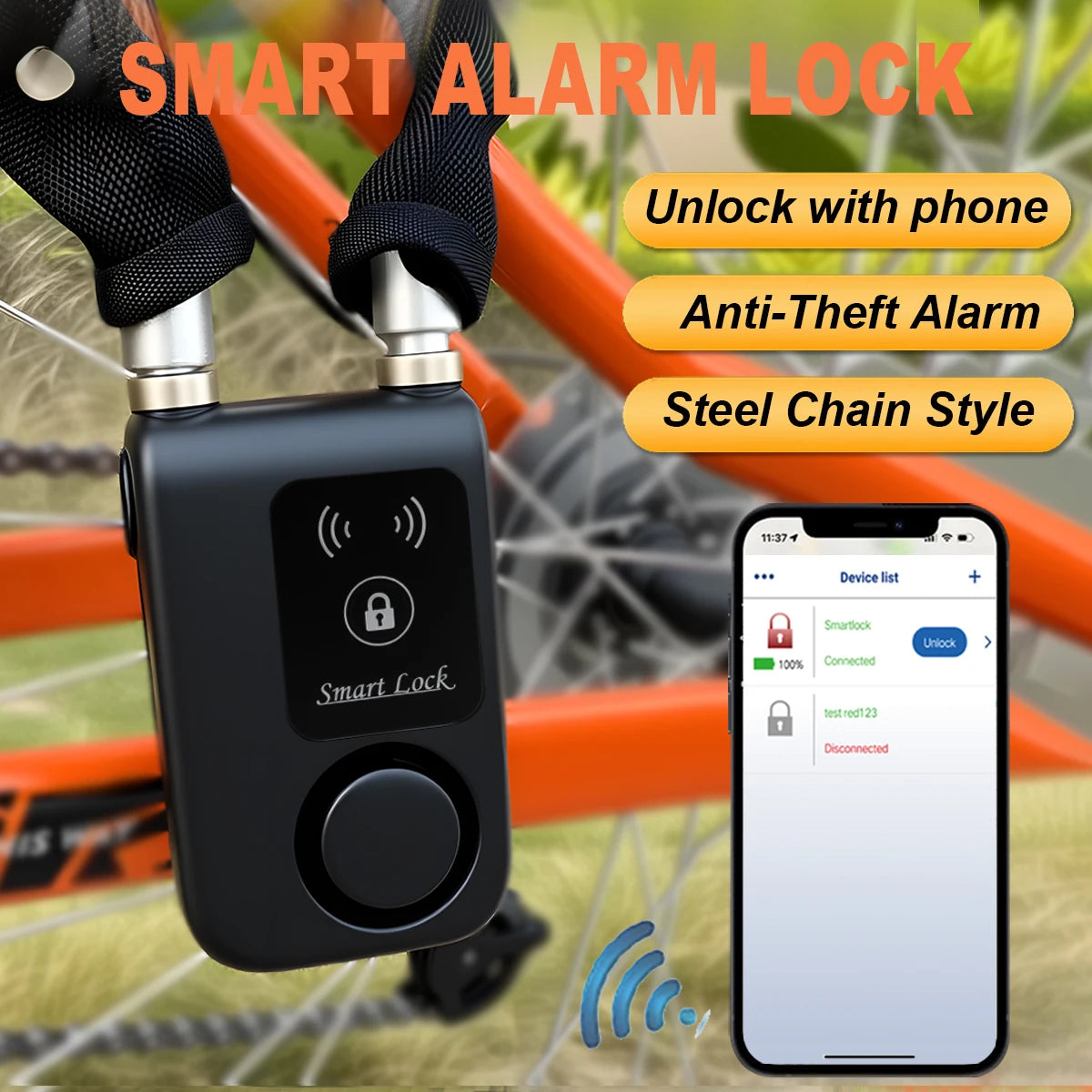 Smart Bluetooth Chain Lock Keyless Bike/Motorcycle Gate/Door Lock With Anti Theft Alarm 110Db APP Phone Control