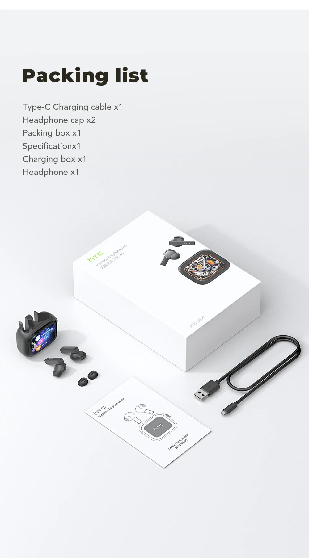 HTC NE40 Earphones Bluetooth V6 TWS Sports AI Translator Earbud Noise Reduction Wireless Headphones With Mic