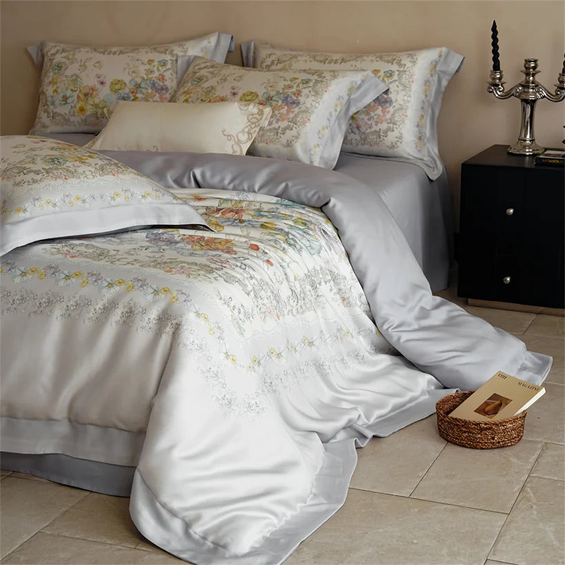 Luxury 22mm Mulberry Silk Bedding Set Romantic Floral Duvet Cover Pillowcases Bed Sheet Set Luxury Bed Linen King Queen Size
